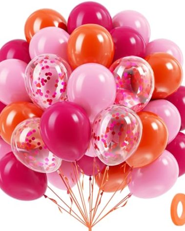 BAUANOOY Pink and Orange Balloons, 60pcs 12 Inch Pink and Orange Party Decorations with Confetti Balloons for Bachelorette Tropical Luau Party Engagement Birthday Party Decorations