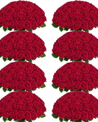 BLEUM CADE 200 Pcs Red Roses Artificial Flowers, Real Touch Velvet Roses Fake Flowers Bulk, Artificial Roses Bouquet with Long Stems Bridal DIY Wedding Party Centerpiece Decorations