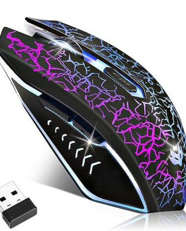 LuLabboard Wireless Gaming Mouse, Rechargeable Wireless Computer Mouse, 7-Color LED Light, Ergonomic Mouse with 6 Silent Click Buttons, 3 Adjustable 2400 DPI Wireless Mouse for Laptop,PC,Mac, Black