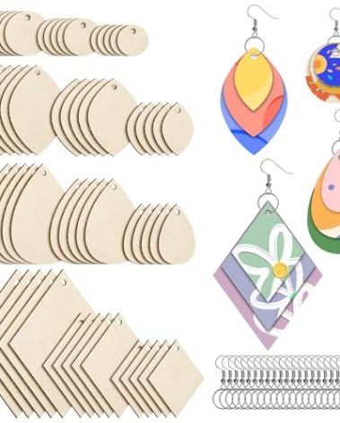 wexpw 320 Pieces Unfinished Wooden Earrings Blank Wood for Earring Pieces 4 Shapes for Wooden Earring with 100 Pieces Earring Hooks &100 Pieces Jump Rings