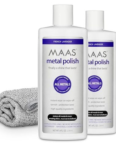 MAAS Metal Polish 8-Ounce Bottle (2 Pack) Free Cloth, Universal Metal Cleaner for All Metals, Clean, Polish, and Protect Silver, Brass, Copper, and More, Tarnish Remover and Silver Cleaner for Jewelry
