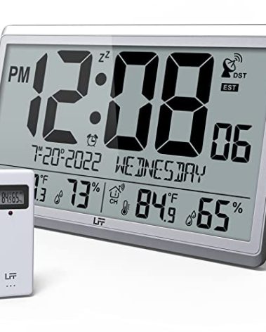 LFF Atomic Clock/Never Needs Setting, Digital Wall Clock with Indoor Outdoor Temperature & Humidity, Battery Operated, Wireless Outdoor Sensor, Atomic Wall Clock with 4.5" Numbers Easy-to-Read