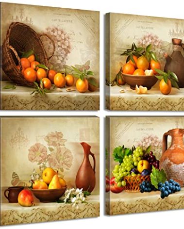 JiazuGo Kitchen Wall Decor Canvas Art for Dining Room Vintage Theme Fruit Pictures Farmhouse Rustic Signs Paintings Bar Accessories Realism Colorful Framed Decorations 4 Pcs/Set