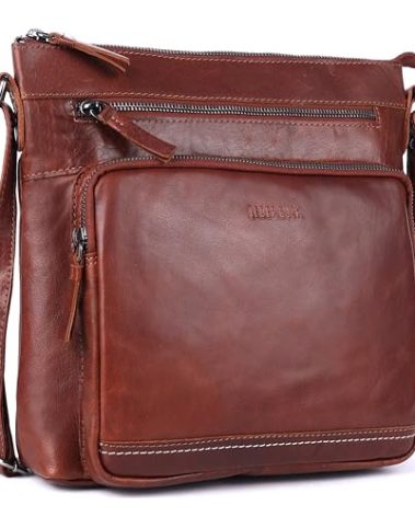 LEDERBUCK Olga Women's Extra-Large Genuine Leather Crossbody Purse – Soft Triple-Zip Shoulder Bag (Cognac)
