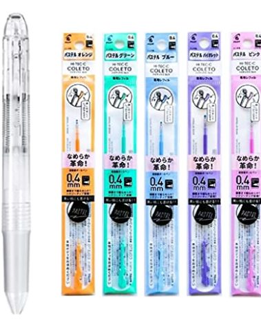 Pilot Hi-Tec-C Coleto Gel Ink Pen 0.4mm 5-In-1 Transparent Body & 5 Pastel Color Refills Set With Original Stylus Ballpoint Touch Pen