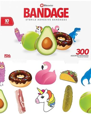 BioSwiss Kids Bandages, Assorted Animal, Fun, and Food Shaped Self Adhesive Bandage Set, Latex Free, Sterile Wound Care, 300 Count
