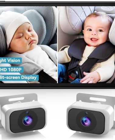 pemacom Baby Car Camera for 2-Kids: 7 Inch IPS Display with Dual Carseat Cameras, Split Screen, Night Vision, HD 1080P - USB Powered Easy Install Rear Facing Backseat Camera for Twins