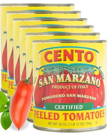 Cento Certified San Marzano Whole Peeled Tomatoes, 28 Oz (Pack of 6), Canned Plum Tomatoes in Thick Puree with Basil, Grown and Processed in Italy