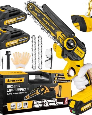 Angseen Mini Chainsaw Cordless 6Inch, Chain Saw Electric Chainsaw Battery Powered with Auto Chain Regulator & Auto Oiler, 800W Super Battery Chainsaw Electric Saw with 2 Battery 2 Chains- 2023 UPGRADE