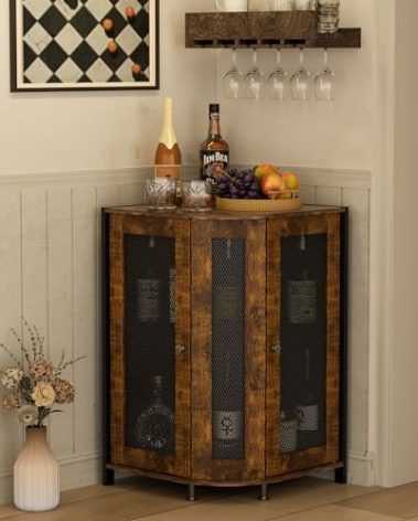 JKsmart Corner Storage Cabinet with Open Shelf, 3-Tier Industrial Wine Bar Shelf with Door, Industrial Corner Cabinet for Kitchen, Living Room, Dining Room, Rustic Brown