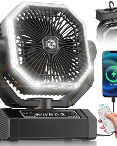Portable Rechargeable Fan - 9-Inch Camping Fan for Tent, 20000mAh(60Hrs) Battery Operated Fan for Camping, Auto Oscillation Cordless Fans, Tent Fans with Remote/Light, 4 Speeds, 4 Timing, Outdoor