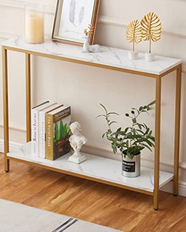 loglus Console Table for Entryway, Faux Marble MDF Sofa Table with Golden Frame (Double Layer, White Marble)