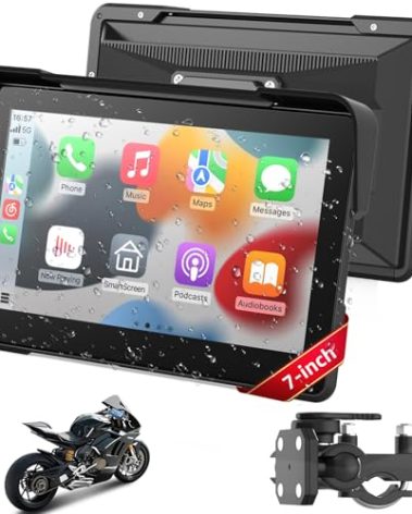 7 Inch Wireless Motorcycle CarPlay &Android Auto, Waterproof Smart GPS Navigation System, Portable Moto Car Play Screen with Dual Bluetooth, Voice Control, Navigation, Siri/G-Assist, Anti-Glare