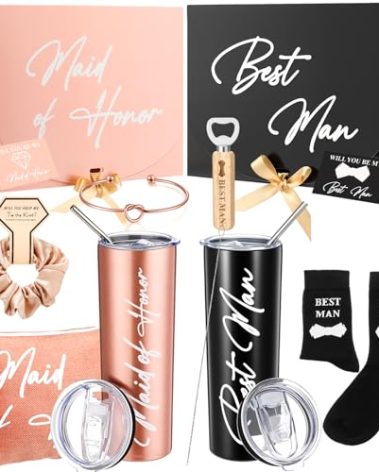 Funnymoom 13 Pcs Bridesmaid and Groomsmen Gifts Set Maid of Honor Proposal Gift Boxs Groomsmen Gift Boxs Wine Tumbler Makeup Bag Socks Cards Hair Tie Bracelet Keychain Pen for Women Men Wedding Party