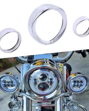 Drytuns Trim Rings Kit for 7" Headlight & 4.5" Fog Light, Chrome Decorate Visor for Harley Road King Street Glide Electra Glide Heritage Softail Fat Boy (Chrome)