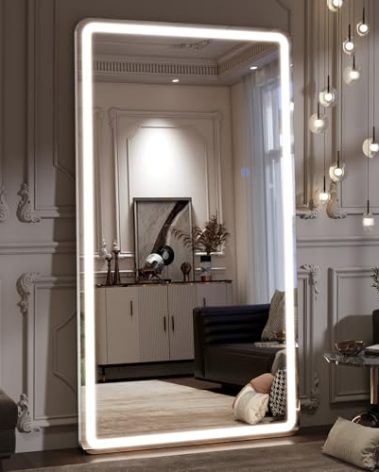 VooBang 76"x34" Large LED Full Length Mirror, Oversized Floor Body Mirror with Lights - 3 Color Modes, Standing Leaning Wall Mounted for Bedroom, Dressing Room White
