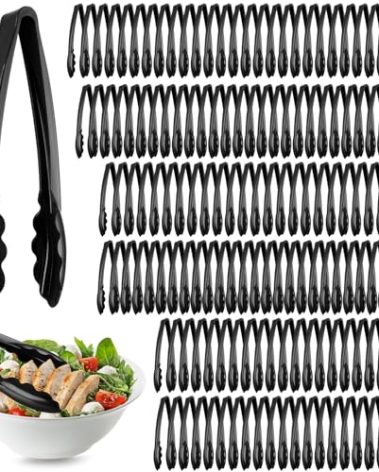 Tessco for you 150 Pcs Plastic Tongs for Serving Bulk, 9 Inch Plastic Disposable Serving Tongs Heavy Duty Salad Utensils for Kitchen Buffets BBQ Events Catering (Black)