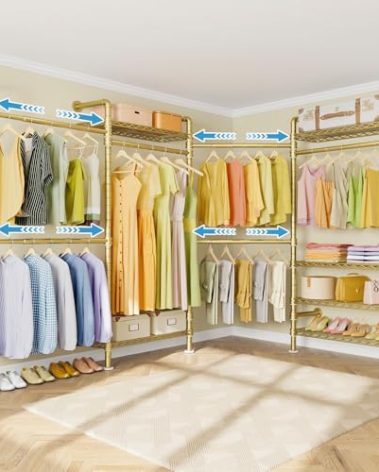 Timate L4 L Shape Garment Rack Heavy Duty for Hanging Clothes, Expandable Industrial Pipe Clothing Rack, Wall Mounted Closet Organizer Large Wardrobe Kit Corner System Gold
