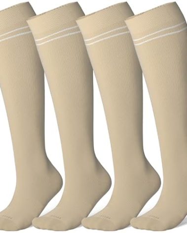LEVSOX Viscose Made from Bamboo Compression Socks for Pregnant Women 20-30 mmHg Knee High Cute Funny Mens Supports Socks for Nurses, Medical, Travel and Flight, Wheat