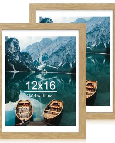 Hongkee 12x16 Picture Frame Set of 2, Natural Oak Wood Style - Display 12 x 16 Poster without Mat or 11x14 Picture with Mat, Wall Mounting Horizontal and Vertical