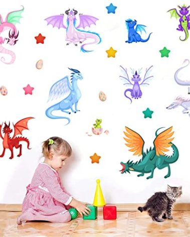 MEFOSS Creative Fairy Dragon Wall Decals Cartoon Large Wings Dragons Eggs Stars Wall Stickers Easy to Peel and Stick Wall Stickers Art Paper for Playroom Nursery Classroom Kids Bedroom Wall Decor