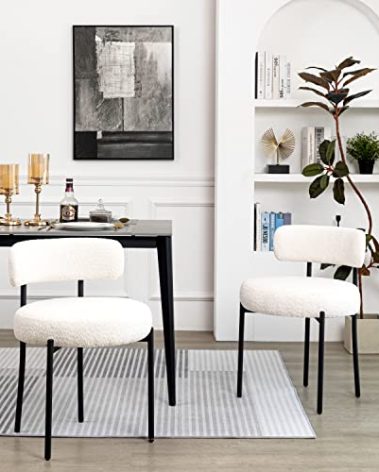 DYHOME White Boucle Dining Chairs Set of 2, Mid Century Modern Kitchen Chairs, Upholstered Dining Room Chairs with Curved Backrest and Black Metal Legs
