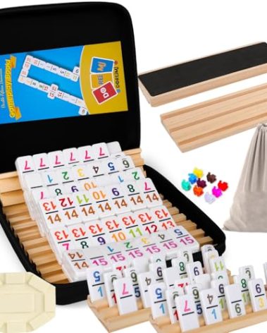 Doreimi Double 15 Mexican Train Dominoes Set with 8 Wooden Holders, 136 Number Tiles Portable Travel Board Game for Kids and Adults Family Game Night