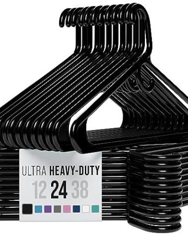 NEATERIZE Ultra Heavy Duty Plastic Clothes Hangers - Black - Durable Coat, Suit and Clothes Hanger. Perchas De Ropa (24 Pack - Black)