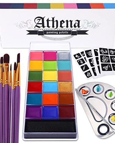 UCANBE Athena Face Body Paint Oil Makeup Set, 20 Colors FX Halloween Party Painting with Stainless Steel Mixing Palette and Spatula Tool,10 pcs Artist Paintbrushes,Tattoo Stencil Arts Crafts kit