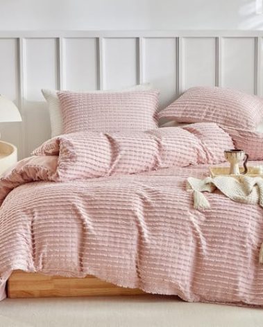 WARMDERN Boho Duvet Cover Set Queen Size, Pink Striped Duvet Cover Microfiber Bedding Set, 3PCS Ultra Soft Breathable Lightweight Tuft Texture Duvet Covers with Zipper Closure(Pink, Queen)