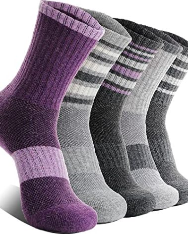 EBMORE Womens Merino Wool Hiking Socks Thermal Warm Winter Boot Crew Cushion Work Gift Socks 5 Pairs(Striped-A,M)