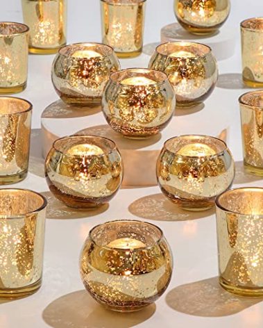DEVI 24pcs Assorted Gold Votive Candle Holders, Mercury Glass Candle Holder, Diwali Decorations, Gold Wedding Centerpieces for Tables, Gold Bridal Shower PartyTable Decorations