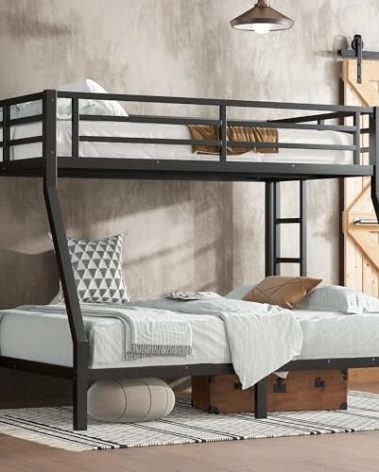 Twin Over Full Bunk Bed with 2 Ladder and Full Length Guardrail, Twin Over Full Bunk Bed for Teens, Kids, Easy Assemble Bunk Beds with Anti-Noise Plug, Black