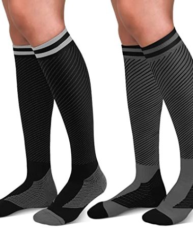 30-40mmHg Medical Graduated Compression Socks for Women&Men Circulation-Compression Stockings-Knee High Socks for Support,Hiking,Running(2 Pack Strip Black Grey,L-XL)