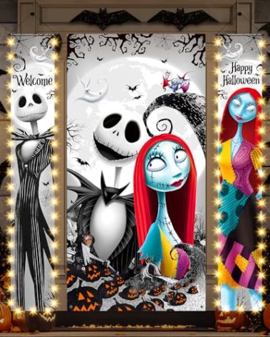 Halloween Door Decorations, Nightmare Jack Skellington Halloween Decorations Porch Sign and Door Cover, Glow in Dark All Hallows' Eve Outdoor Indoor Party Banner