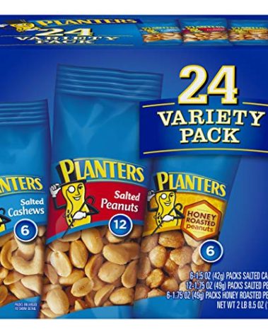 PLANTERS Variety Packs (Salted Cashews, Salted Peanuts & Honey Roasted Peanuts), 24 Packs - Individual Bags of On-the-Go Nut Snacks - No Cholesterol or Trans Fats - Source of Fiber and Healthy Fats