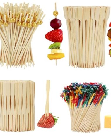 800PCS Cocktail Picks - 4 Styles Fancy Toothpicks for Appetizers Charcuterie Boards Accessories, Decorative Bamboo Skewers Wooden Long Cocktail Sticks for Drinks Food Fruit Sandwich Party Supplies