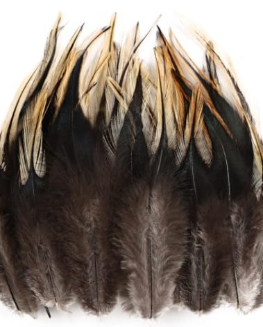 iHUFeather 120pcs 5-7" Feathers for Crafts，Saddle Hackle Feather，Rooster Feathers Bulk for Wedding Home Party, Dream Catcher Supplies and DIY Crafts(Yellow-Badger Saddle)