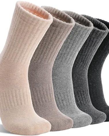 MOGGEI Womens Merino Wool Socks for Hiking Winter Warm Thick Thermal Crew Cozy Cabin Ladies Stocking Stuffers Gift Comfy Boot Work Socks 5 Pairs(Beige/Light Coffee/Grey/Dark Grey/Black(5 Pairs))