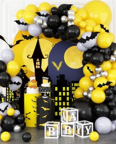 Yellow Black Silver Balloons Garland Arch, Black Yellow Silver Grey Latex Balloon with Bat Sticker, Birthday Party Balloon, for Boys Baby Shower Decor