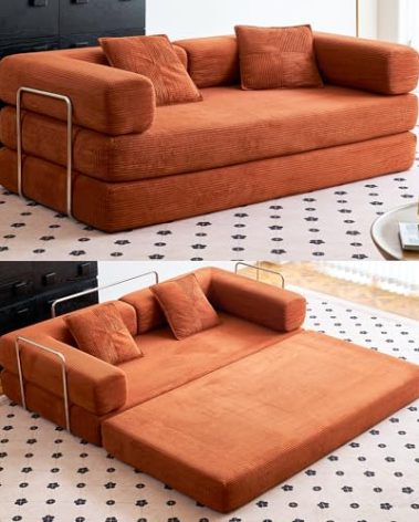 Compression Sofa - 78''Convertible Floor Sofa Bed - with Pillow Back Support Armrest - Comfy Foldable Sofa Bed Compressed Sofa in Box - Corduroy Fabric - for Living Room Bedroom(Orange)