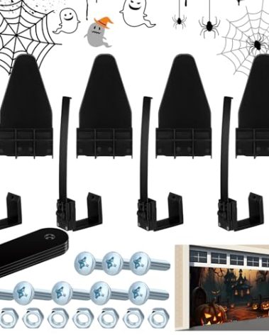 Reallnaive 4 Pcs Halloween Garage Door Banner Clamps Garage Door Backdrop Installation Kit Large Banner Cover Hanging Hooks Tools Mural Clips for Christmas Holiday Decorations