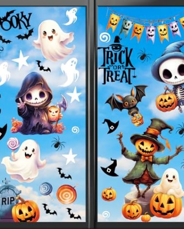 LOKIPA Halloween Window Clings, Halloween Window Stickers Decal Double Sided for Holiday Window Decorations (8 Sheets)