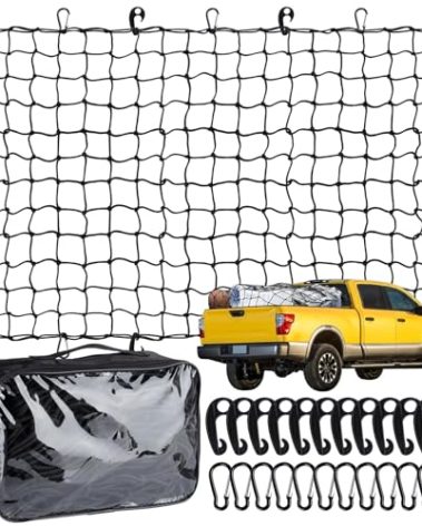 Heavy Duty Cargo Net for Pickup Truck Bed - 4' x 6' Stretches to 10' x 15' - Small 4"x4" Latex Bungee Net Mesh with 24 Clips - Compatible with Ford, Chevy, Dodge Ram, Toyota
