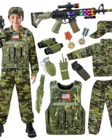 Metemot Kids Army Costume for Boys, Military Soldier Costume with Army Toys, Boys Halloween Costume with Camouflage Vest, Solider Boy Dress up age 3-12…