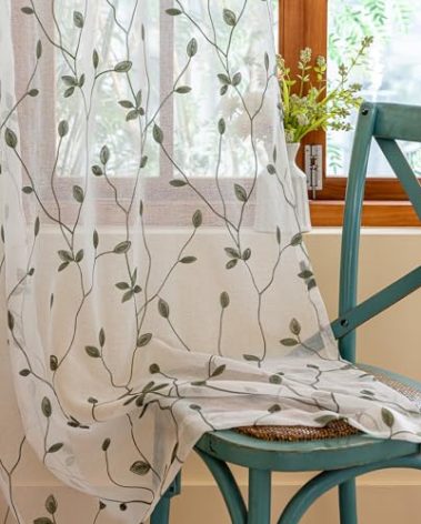 AmHoo 2 Panels Embroidered Leaf Pattern Semi Sheer Curtains Foliage Floral Voile Window Draperies Treatment for Bedroom Living Room Rod Pocket White Sage Green 53 x 84 Inch