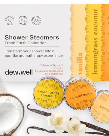 Dew Well - Shower Steamers Fresh Earth Collection - 15 Count Shower Bombs - Aromatherapy in Your Home - Helps Clear Congestion and Boost Mood - (Vanilla, Lemongrass Coconut, Sandalwood)