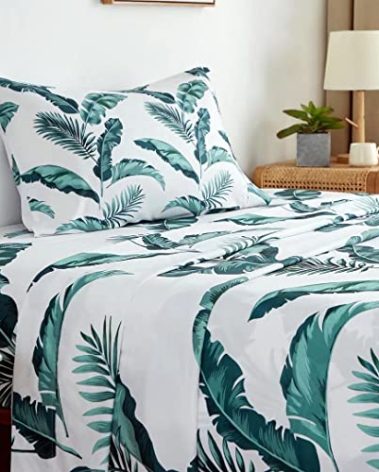 Twin Size Sheets Set 3PC- Soft Cooling 1800 Thread Count Microfiber Boho Printed Sheet, 8-17" Deep Pocket Breathes Better, Wrinkle Free, Machine Washable Tropical Palm Tree Fronds Bed Sheets