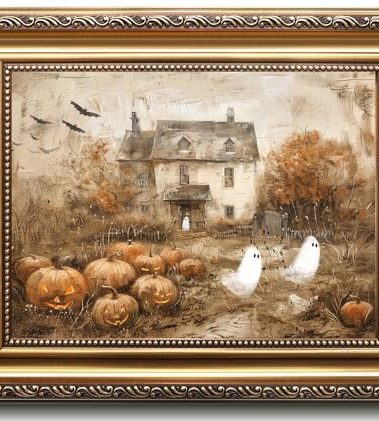 uniro Vintage Gold Framed Wall Art, Vintage Cute Ghosts Haunted Halloween Painting, Spooky Pumpkin Patch Halloween Wall Art Prints Ghost Decor, Farmhouse Ghost Posters Country Cottage Fall Decor for Living Room, Bedroom, Bathroom, halloween Room decor- 9x12Inch