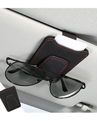 8sanlione Sunglasses Holder for Car Sun Visor, Magnetic Leather Glasses Hanger Clip, Eyeglass and Ticket Card Storage Mount, Auto Interior Accessories Universal for Vehicle SUV Truck (Black)